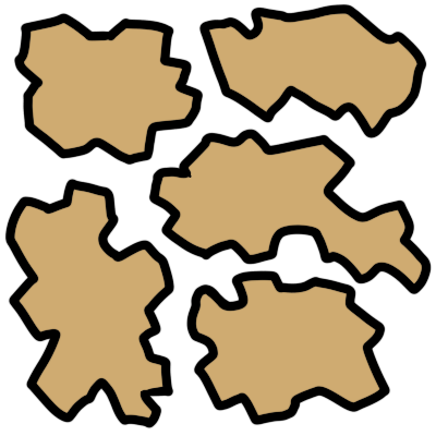 A clustered group of five irregular shapes all about a finger width apart from each other. Shapes have parts that curve inwards and parts that jut out in no clear pattern. They are tan with thick black outlines.